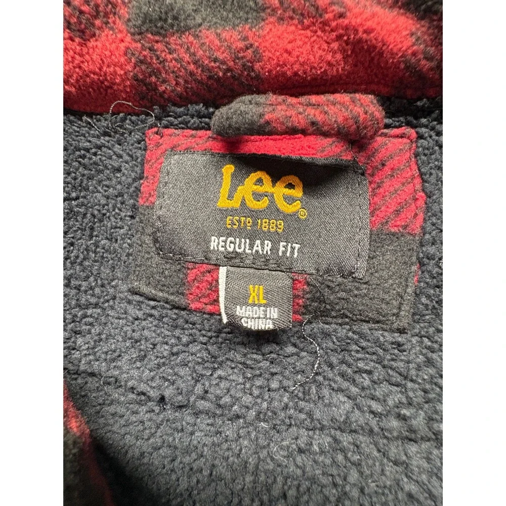 Lee Mens XL Red Black Buffalo Plaid Fleece Lined Flannel Snap‎ Shirt Jacket
